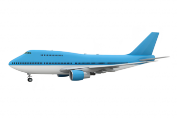 A sleek blue and white commercial airplane parked on a runway. with a clear sky in the background. symbolizing travel and aviation. ideal for use in travel-related content