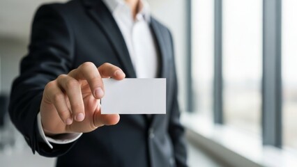 Businessman holding and offering a blank white business card for contact information exchange