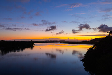 Scenic sunset views over the Tweed River Inlet from Barneys Point bridge in Banora Point, New South wales, Australia