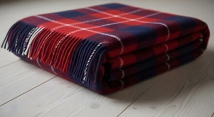 Folded plaid blanket with fringe on wooden floor close up