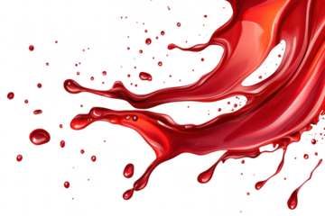 A splash of red liquid dynamically flows across a white background. creating an energetic visual effect perfect for artistic or promotional uses