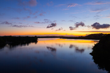 Scenic sunset views over the Tweed River Inlet from Barneys Point bridge in Banora Point, New South wales, Australia