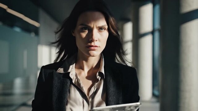 Professional businesswoman walking with digital tablet in modern office building corridor with sunlight - Powered by Adobe