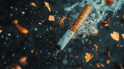 Cigarette exploding amidst swirling dust and autumn leaves in a dramatic display of motion and decay Generative AI
