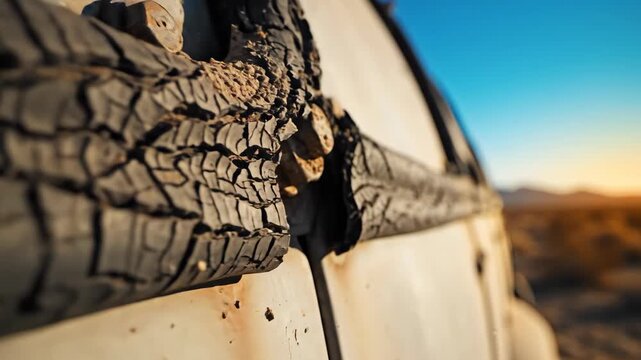 Cracked Paint Detail on Abandoned Vehicle in Barstow Desert at Sunset