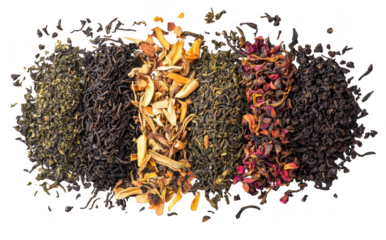 A arrangement of various loose teas including black. green. and herbal blends. beautifully displayed on a white background. ideal for culinary or wellness-related projects