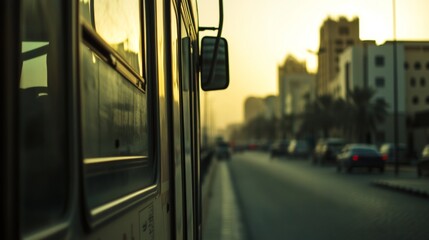 Golden hour light bathes a busy street, as a bus stands still amidst the urban landscape of the city Generative AI