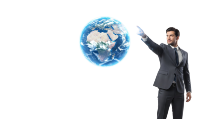 A businessman is pointing at the world, highlighting global concepts and business expansion. The image evokes a sense of leadership and international connections, isolated on transparent background