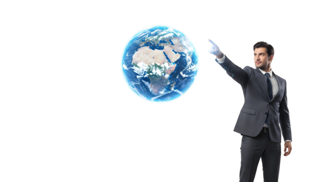 A businessman is pointing at the world, highlighting global concepts and business expansion. The image evokes a sense of leadership and international connections, isolated on transparent background - Powered by Adobe