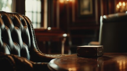Soft light casts shadows over elegant leather chairs and a mysterious box resting on a polished wooden table in a cozy study Generative AI