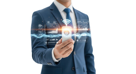 A businessman in a suit is holding a digital device with a glowing display, connected with wifi signal, showcasing innovation and technology, isolated on transparent background