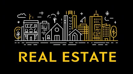 Line art skyline with houses, apartments, and trees against a black background