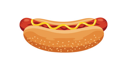 Fototapeta premium A classic hot dog with a juicy frankfurter nestled in a toasted bun, topped with a squiggly line of bright yellow mustard, ready to be enjoyed.