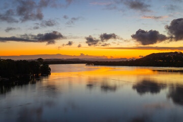 Scenic sunset views over the Tweed River Inlet from Barneys Point bridge in Banora Point, New South wales, Australia