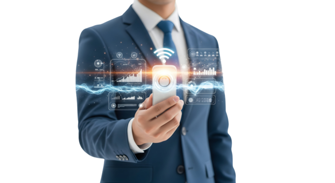 A businessman in a suit is holding a digital device with a glowing display, connected with wifi signal, showcasing innovation and technology, isolated on transparent background