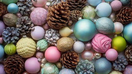 The flat layout showcases a series of brightly colored decorative Christmas ornaments, natural pine cones, and seasonal foliage, arranged against a soft background, leaving ample space for text.