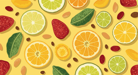 A refreshing and vibrant seamless pattern of assorted fresh and dried fruits, green leaves, and nuts on a cheerful yellow background.