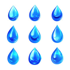 A collection of nine glossy blue water droplets arranged in a grid pattern. their reflections and highlights against a clean white background. ideal for design and illustration purposes