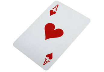 A close-up view of an Ace of Hearts playing card lying on a flat surface. its red heart symbol. ideal for games or design projects focused on card themes