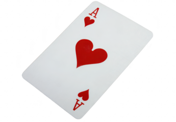 A close-up view of an Ace of Hearts playing card lying on a flat surface. its red heart symbol. ideal for games or design projects focused on card themes