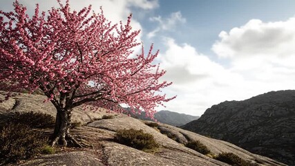 A cherry blossom tree on a rocky hillside, mountain backdrop, overcast sky