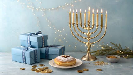 n blue paper with gold star patterns and blue ribbons awaits. In front of the menorah,