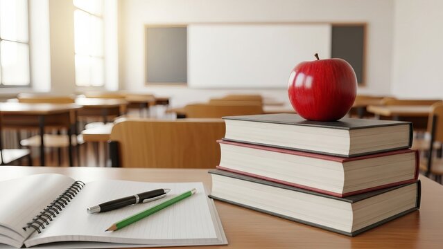 Apple rests atop books in the classroom symbolizing knowledge and the pursuit of academic success