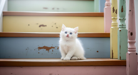 Adorable White Kitten with Blue Eyes Sitting on Rustic Pastel Stairs