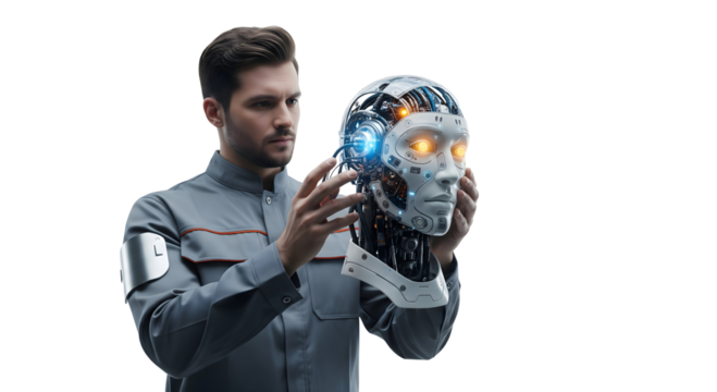 A man holding a robot head, the future of technology, isolated on transparent background - Powered by Adobe