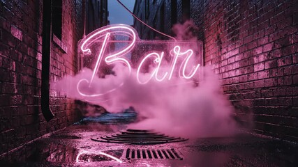 Pink Neon Bar Sign Glows in a Rainy Alley at Night