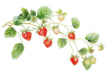 A beautifully illustrated watercolor depiction of ripe and unripe strawberries growing on a vine. surrounded by lush green leaves. perfect for use in culinary or gardening contexts
