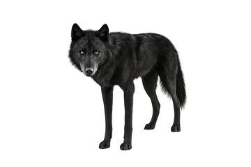 A striking black wolf stands confidently on a white background. its sleek fur and piercing blue eyes. embodying the essence of wild beauty and strength