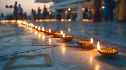 Line of oil lamps on marble floor, illuminated, with people blurry in background