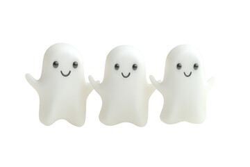 Three cute. smiling ghost figurines standing together on a clean. white background. creating a playful and cheerful atmosphere. perfect for Halloween-themed decorations or childrens events