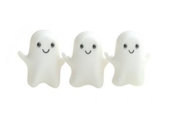 Three cute. smiling ghost figurines standing together on a clean. white background. creating a playful and cheerful atmosphere. perfect for Halloween-themed decorations or childrens events