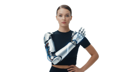 A woman with a bionic arm poses confidently, showcasing technology and innovation. She is dressed in a black top with her other arm by her side, isolated on transparent background