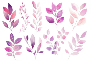 A collection of watercolor leaves in shades of pink and purple. various shapes and sizes. perfect for botanical illustrations or nature-themed designs