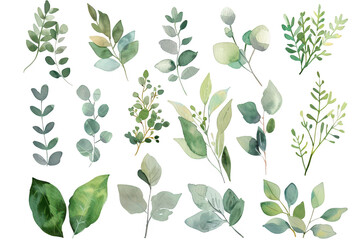 A collection of watercolor illustrations various green leaves and botanical elements. perfect for nature-themed designs or backgrounds. set against a clean white backdrop