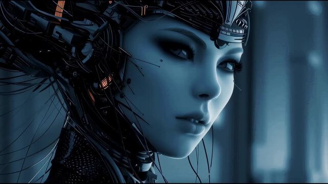 Elegant blue-toned cybernetic woman with biomechanical interface and serene gaze in futuristic setting