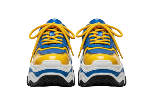 Isolated pair of chunky sneakers, contemporary athletic shoes with platform sole, yellow laces