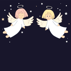 Christmas frame border with cute angels. Xmas holiday background. Vector isolated illustration