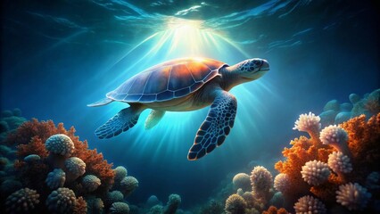 Majestic Sea Turtle Gracefully Navigating Vibrant Coral Reef Ecosystem Under Sunlit Ocean Waters