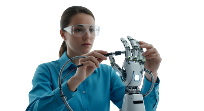 An expert meticulously works on a robotic hand with a focus, isolated on transparent background