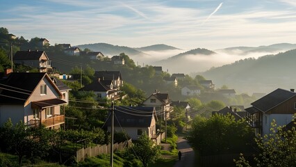 Picturesque mountain village scene with foggy hills and clear blue sky