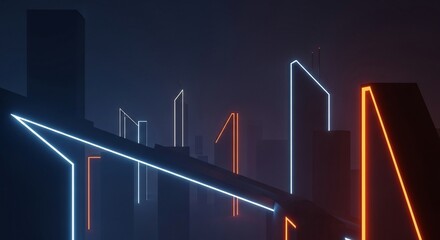 Abstract Neon Light Lines Illuminating Dark Architectural Structures.