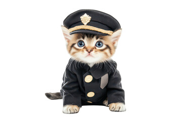A cute kitten dressed in a police officer uniform. sitting against a plain white background. its adorable features and playful demeanor. perfect for humorous or pet-themed content