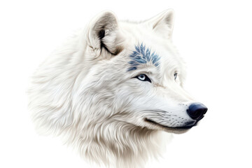 A majestic white wolf with striking blue markings on its forehead gazes thoughtfully. set against a pure white background. symbolizing strength and beauty in wildlife photography