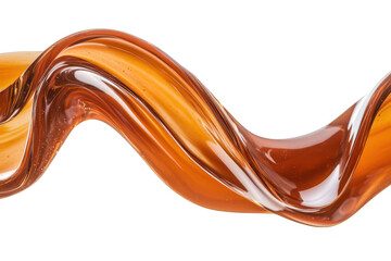 A vibrant. swirling ribbon of amber-colored liquid gracefully undulating against a clean white background. its smooth texture and glossy finish. ideal for creative and artistic projects