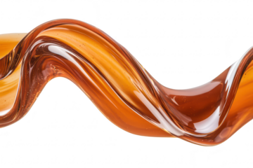 A vibrant. swirling ribbon of amber-colored liquid gracefully undulating against a clean white background. its smooth texture and glossy finish. ideal for creative and artistic projects