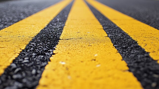 Bright yellow lines marking a road, showcasing a close-up view of textured asphalt during a sunny day Generative AI